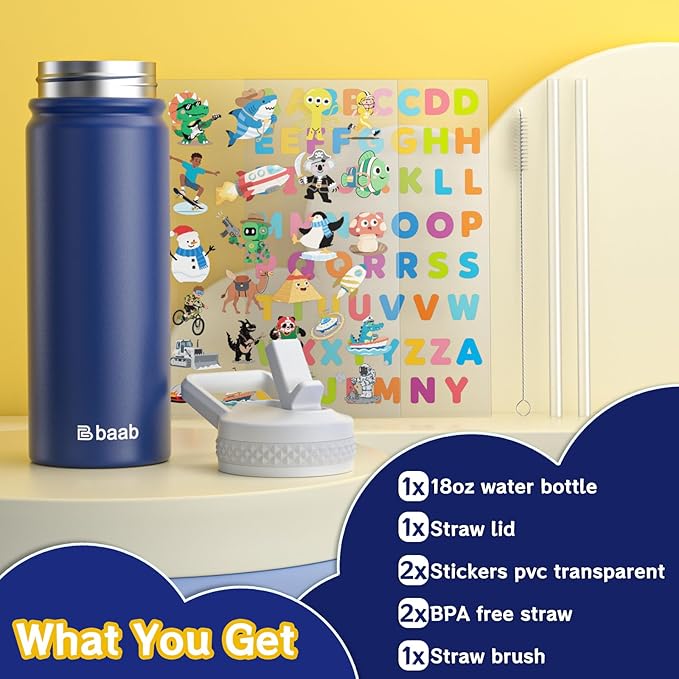 baab 18oz Kids Water Bottle, Insulated Water Bottle with Straw & Stickers, 18/8 Stainless Steel Vacuum Leakproof Kids Water Straw Cup for School, Perfect for Boy Girl (Navy Blue+Pink, 2 Pack)