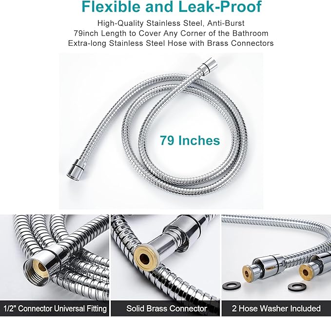 GwernKB Handheld Shower Head with on off Switch&Built-in Power Spray,7-Setting High Pressure Spray Shower Wand with 79in Long Hose&Bracket and Extra Adhesive Shower Holder for Lower Mount,Chrome