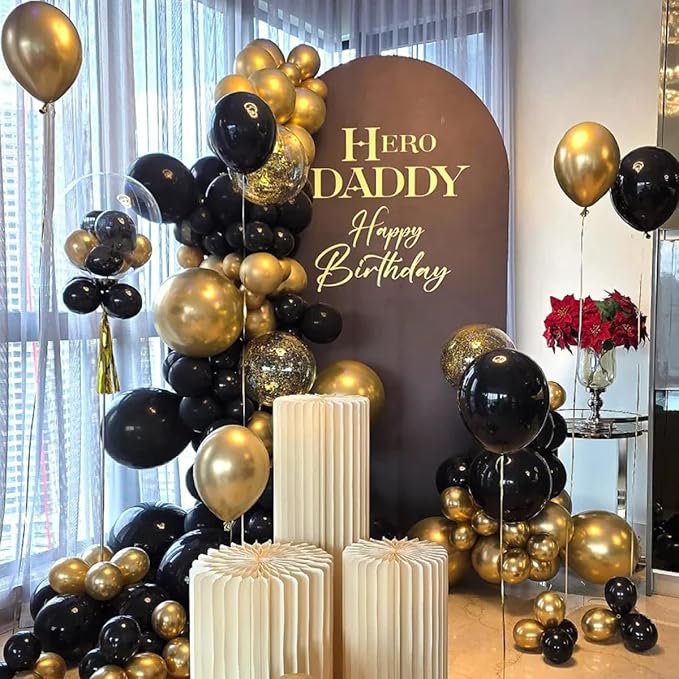MEBAY Black Gold Silver Balloon Garland Arch Kit, 166Pcs 5 10 12 18 inch Latex Balloons with Gold Confetti for 2025 New Year Graduation Wedding Birthday Party Decoration
