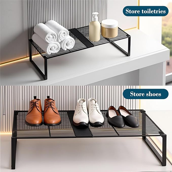 Extendable Metal Wire Shelf Organizer - Adjustable 15-24.4in Length, Stackable Storage Rack for Kitchen/Pantry/Bathroom/Shoe Cabinet/Tool Closet (2,Black)