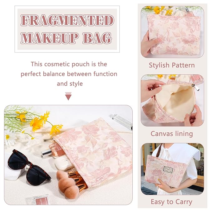 ZLFSRQ Flower Makeup Bag Travel Cute Floral Cosmetic Bags for Women Large Capacity Toiletry Pouch Zipper Cosmetic Pouch for Purse Aesthetic Embossed Pink Makeup Organizer Portable Toiletry Bags