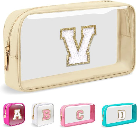 Small Clear Personalized Initial Makeup Bag, Preppy Nylon A-Z Chenille Letter Patch Makeup Organizer TSA Approved Travel Toiletry Bag,Waterproof Zip Beach Cosmetic Pouch Purse for Women(Beige-White V)