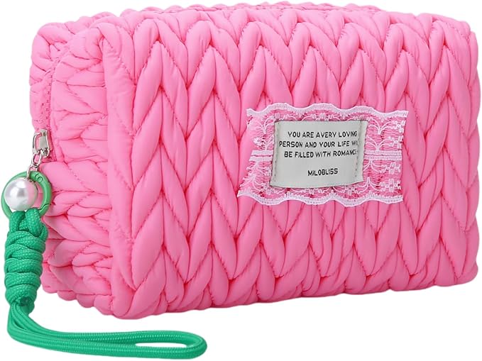 DOB SECHS Small Puffer Makeup Bag Quilted Cosmetic Bag Clutch with Wristlet, Cute Makeup Pouch for Purse, Cotton Woven Puffy Toiletry Bag for Women, Mini Travel Essentials Organized Pouches, Hot Pink