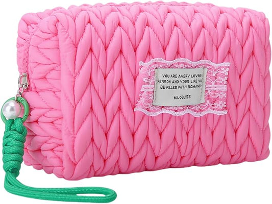 DOB SECHS Small Puffer Makeup Bag Quilted Cosmetic Bag Clutch with Wristlet, Cute Makeup Pouch for Purse, Cotton Woven Puffy Toiletry Bag for Women, Mini Travel Essentials Organized Pouches, Hot Pink