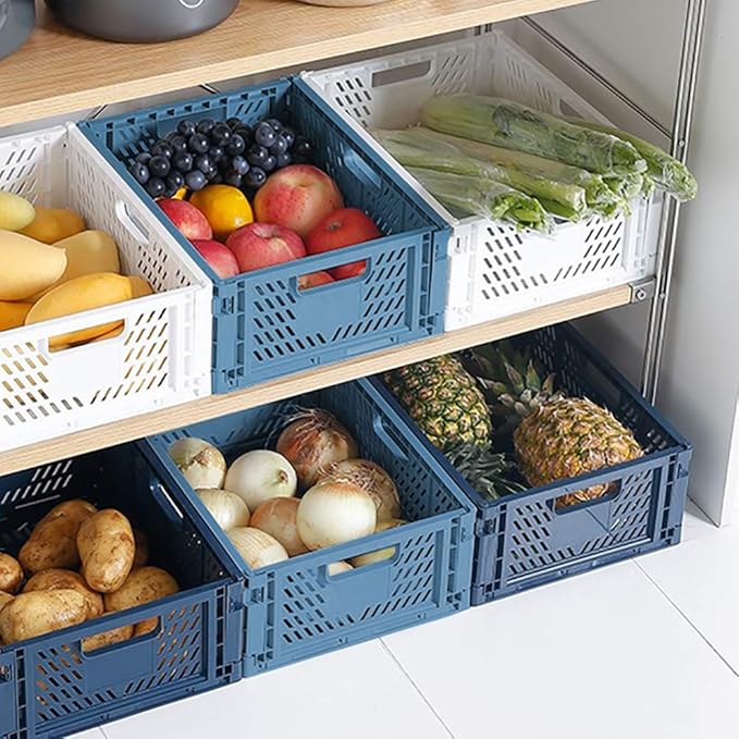2 Blue 2 White Plastic Storage Basket Folding Storage Boxes Crate Drawer Organizer Stackable Shelf Basket Collapsible Closet Container Food Fruit Bottle Book Organizer for Home Office Kitchen Basket