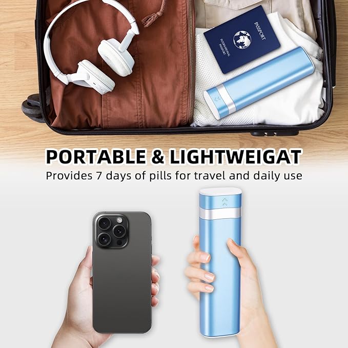 Betife Travel Pill Organizer Weekly 7 Day, Compact Daily Pill Box, Portable Medicine Case, Cute Pill Holder for Vitamins Supplements, Drawer-Shaped Pills Organizer (Blue)