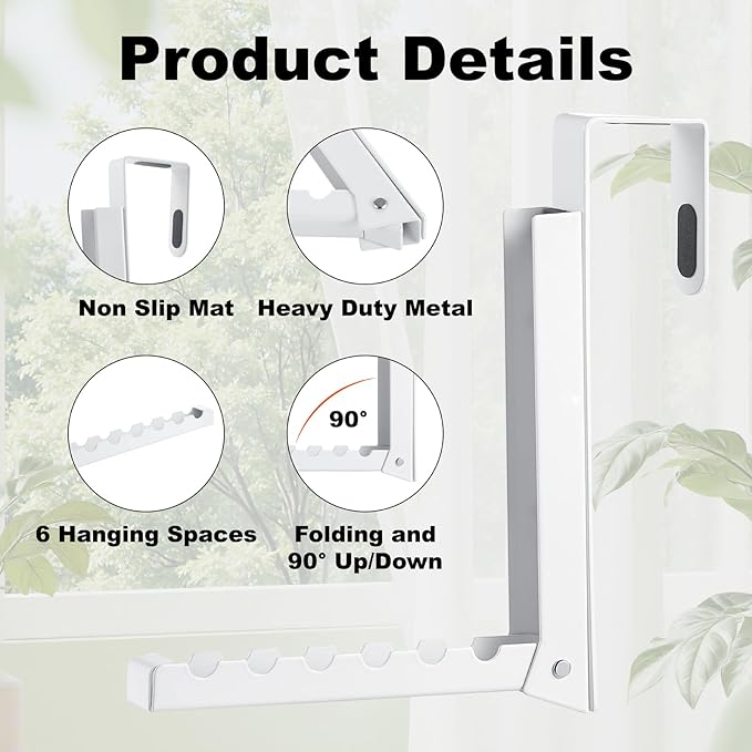 YAZYBHA Over The Door Hooks Hanger for Clothes, 1 Pack Foldable Over The Door Drying Rack for Laundry, Overdoor Hanger Hook with 6 Groves for Towel, Coat, White