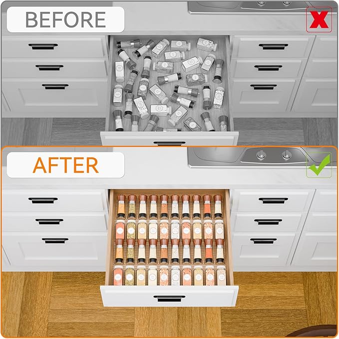 Yieach 4 Pack Adjustable In Drawer Spice Organizer - Expandable From 11" to 22" - Clear Acrylic Seasoning Organizer with Jars for Kitchen Drawer,Horizontal Tiered Kitchen Spice Organization & Tray