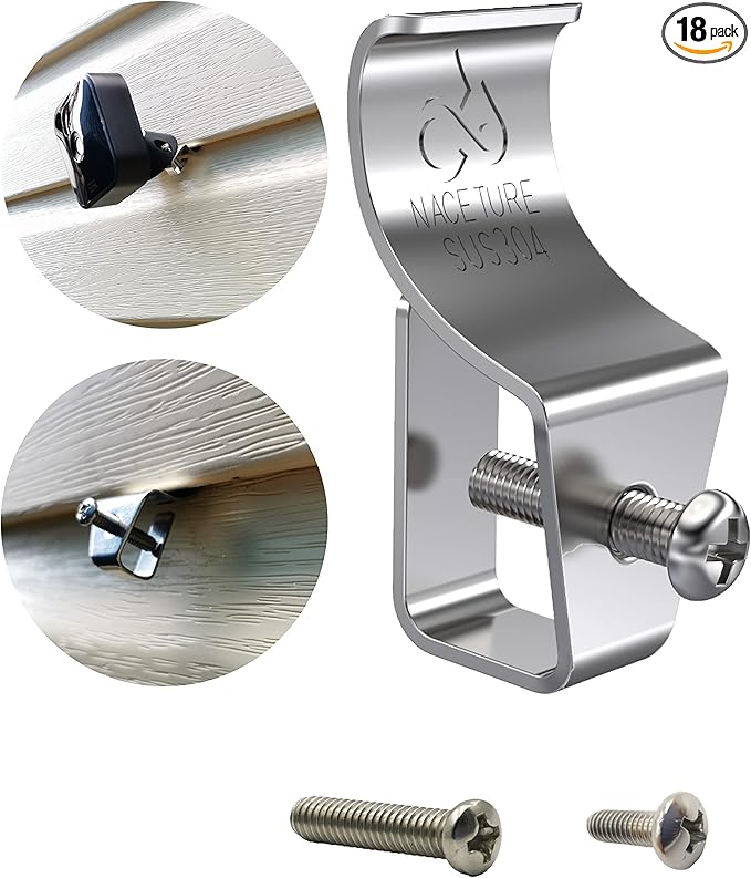 NACETURE Vinyl Siding Hooks - Vinyl Siding Clips for Hanging Outdoor Decorations for Patio for Mount Home Security Camera Porch Décor (18)