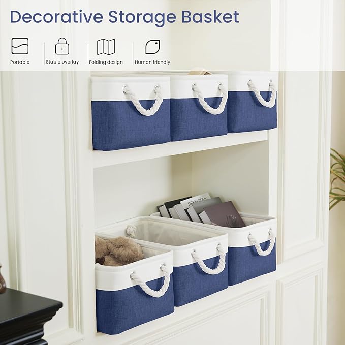 VQRTEXA Storage Baskets for Shelves 13.8x9.8x6.7 Inch, Foldable Fabric Storage Bins with Handles, Small Storage Baskets for Organizing Closet, Bathroom, Office, Home Organization (3-Pack, White&Blue)