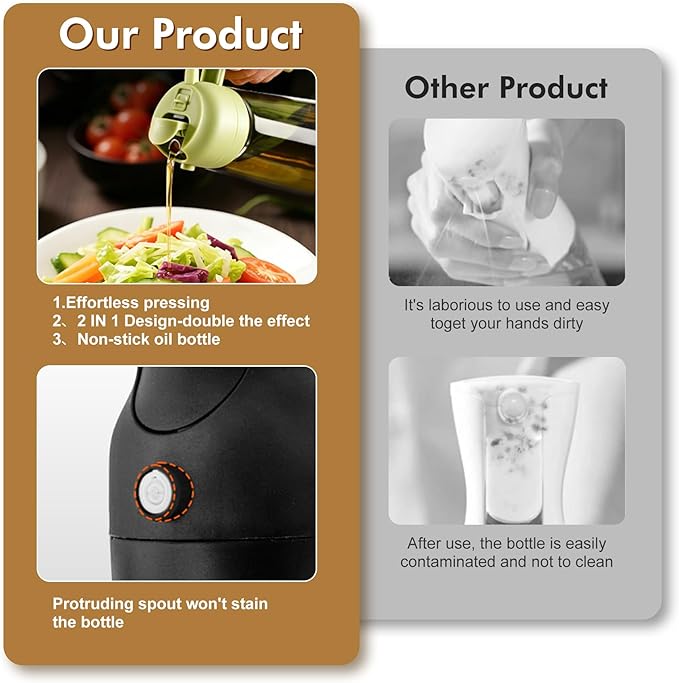 Poshetion 2 in 1 Olive Oil Sprayer for Cooking, 16oz Light-Proof Oil Dispenser for Kitchen, Leak-Proof Oil Spray Bottle for Air Fryer, Salad, BBQ, Baking, Grilling - Black