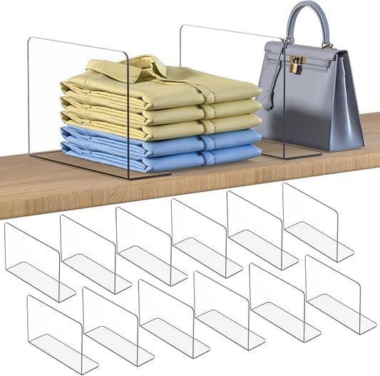 OKPOW Shelf Dividers Closet Organizer - 7.5" Tall X 11.8" Deep Acrylic Clear Sturdy Separate for Clothes Purse - Adjustable Space Saver Easy Install for Home Organization Enthusiasts 12 Pack