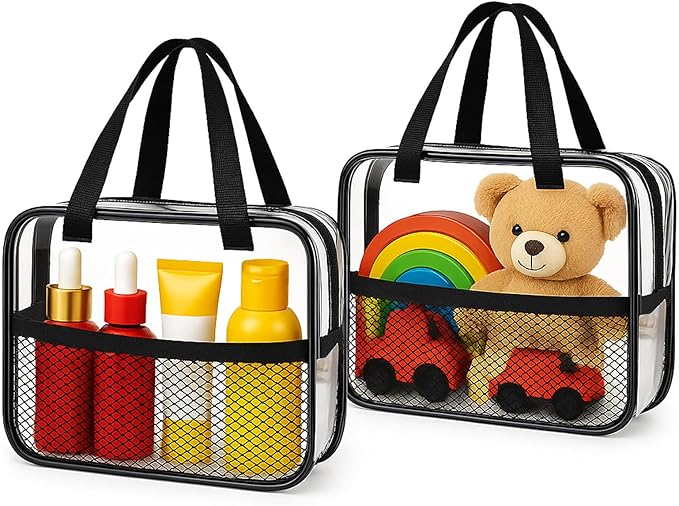 XEWEA 2PCS Large TSA Approved Clear Travel Toiletry Bags for Men Women, Transparent Makeup Cosmetic Bag with Handle,Waterproof PVC Quart Organizer Storage Pouch for Toiletries Airline Essential, Balck