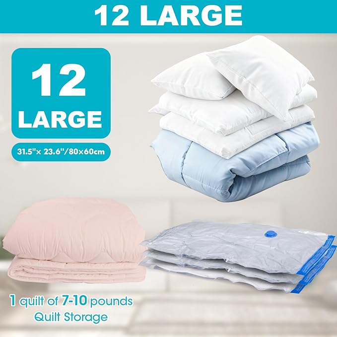 Vacuum Storage Bags with Hand Pump, 12 Large Compression Space Saver Vacuum Seal Bags for Clothing, Travel, Luggage, Comforters, Blankets, Pillows, Bedding, Duvets