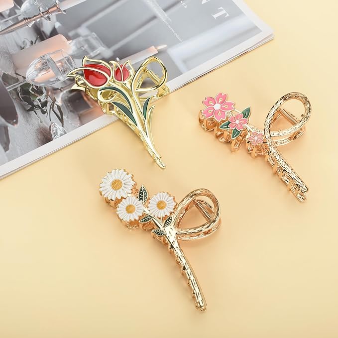 3-Piece Floral Metal Hair Clips: Orchid, Tulip, Daisy Barrettes for Thin/Medium Thick Hair - Elegant Strong Hold Non-Slip Catch Clip Accessories