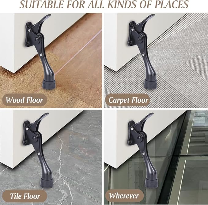 Kickdown Door Stopper 4 Inches - One Pack One Touch Adjustable Height Door Stop for the Bottom of the Door, Aluminum Alloy Metal Door Stopper with Rubber Tip, Black