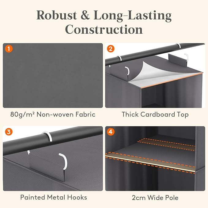 Lifewit 5 Tier Hanging Closet Organizer and Storage for Shelves, Foldable Clothes Storage Shelf with 2 Sturdy Hooks for Clothing Organization, Dorm Room Essentials for Guys, Gray