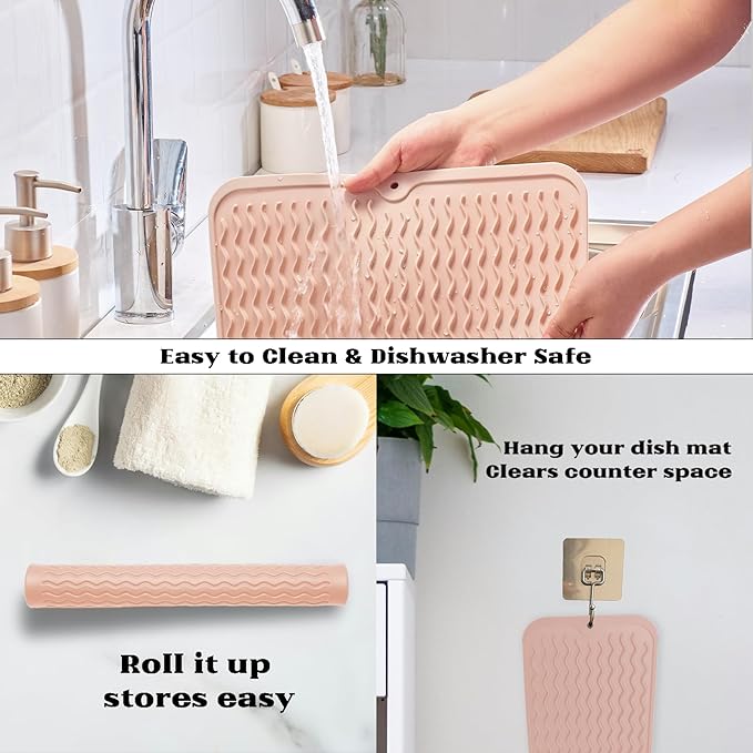 ZLR Silicone Dish Drying Mat for Kitchen Counter, Eco-Friendly Fast Dry Dish Mat, Easy Clean Multi Usage Drying Matt, Heat Resistant Trivet, 16" x 12" Large, Peach Pink