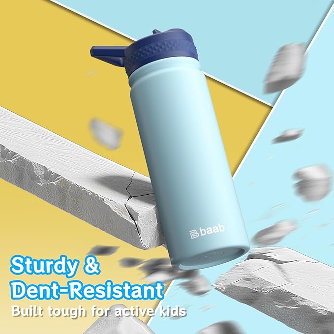 baab 20oz kids Water Bottle, Insulated Water Bottle with Straw & Stickers, 18/8 Stainless Steel Vacuum Leakproof kids Water Straw Cup for School, Perfect for Boy Girl (Navy Blue+Light Blue, 2 Pack)
