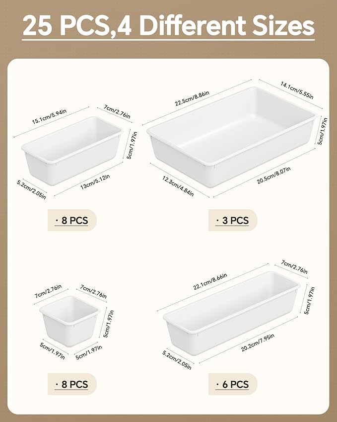 25 PCS Plastic Drawer Organizers Set, 4 Sizes Vanity Organizer, Makeup and Desk Drawer Organizer Trays, Organization and Storage for Makeup, Bathroom, Kitchen Utensils and Office (White)