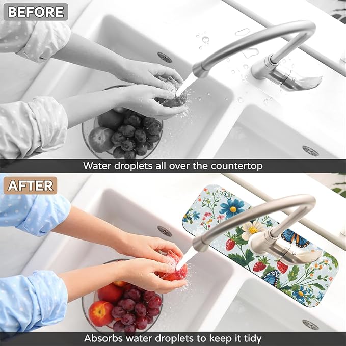 1 PC 15.4*5.7 Inch Absorbent Faucet Mat for Kitchen, Butterfly Sink Splash Guard, Fast Drying Kitchen Faucet Mat for Bathroom Kitchen