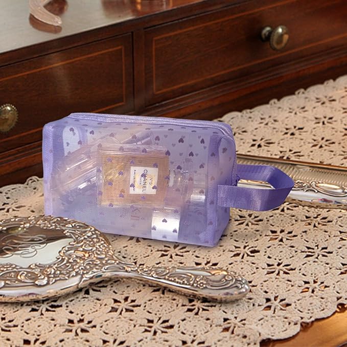 5-Piece Heart Printed Mesh Makeup Bag Set, Portable Travel Cosmetic Bags Toiletry Bags Purse Bags Makeup Bags Zipper Mesh Storage Pouches for Home Offices Travel Accessories (Purple)