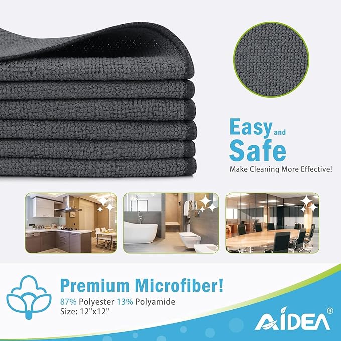 AIDEA Microfiber Cleaning Cloth-400PK, Soft Microfiber Towels for Cars, Absorbent Cleaning Rags, Lint-Free Streak-Free Wash Cloths for House, Kitchen, Window(12in.x12in), Grey