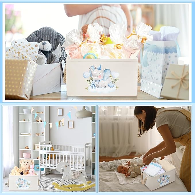 Pickmesh Baby Shower Storage Basket with Gift Bags Rectangular Ribbons Collapsible Canvas Storage Bin with Handles for Diaper Organizing Toy Home DIY Gift Basket, 13 x 9. 1 x 7. 1 Inch(Blue Elephant)