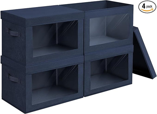 Foldable Storage Boxes with Lids - Decorative Storage Boxes with Clear Window, Fabric Storage Baskets for Organizing, Closet Storage for Clothes, Yarn, Home, Navy Blue, 4-Pack