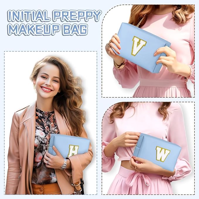 TOPEAST Preppy Patch Makeup Bag, Chenille Letter Pouch Cosmetic Bag, PU Leather Waterproof Toiletry Bag, Personalized Birthday Gift for Women Girl, Cute Stuff for Girls (Sky Blue B)