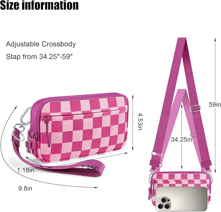 Checkered WristleWallets for Women, RFID Wallet Crossbody with 4 Zippers, Credit Card Holder Cell Phone Organizer
