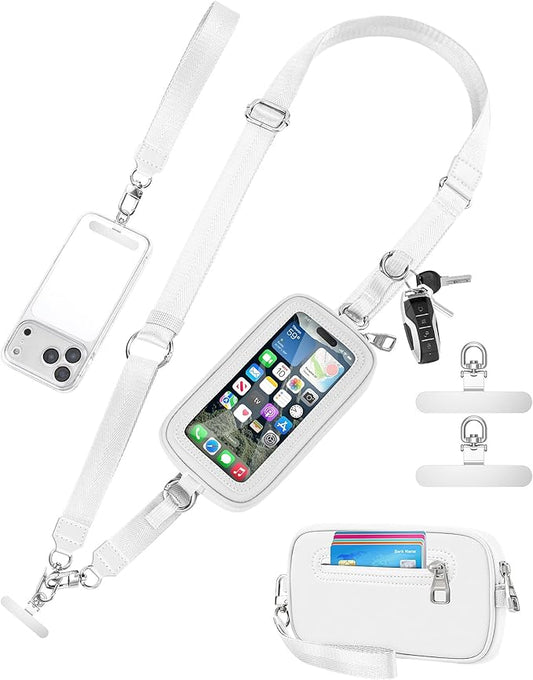 Clip and Go Strap for Phone with Wallet Crossbody, Detachable Wristlet Strap Pocket with Zipper Phone Screen ID Window, 2 Pcs Metal Tether Patches Compatibe with iPhone and Most Smartphones White