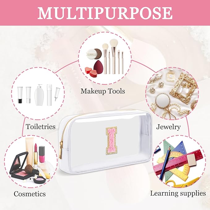 Small Clear Personalized Initial Makeup Bag,Nylon Preppy A-Z Chenille Letter Patch Cosmetic Pouch Beach Toiletry Bag,Waterproof Zipper Travel Purse Storage Bag Organizer for Women Girls(White-Pink I)