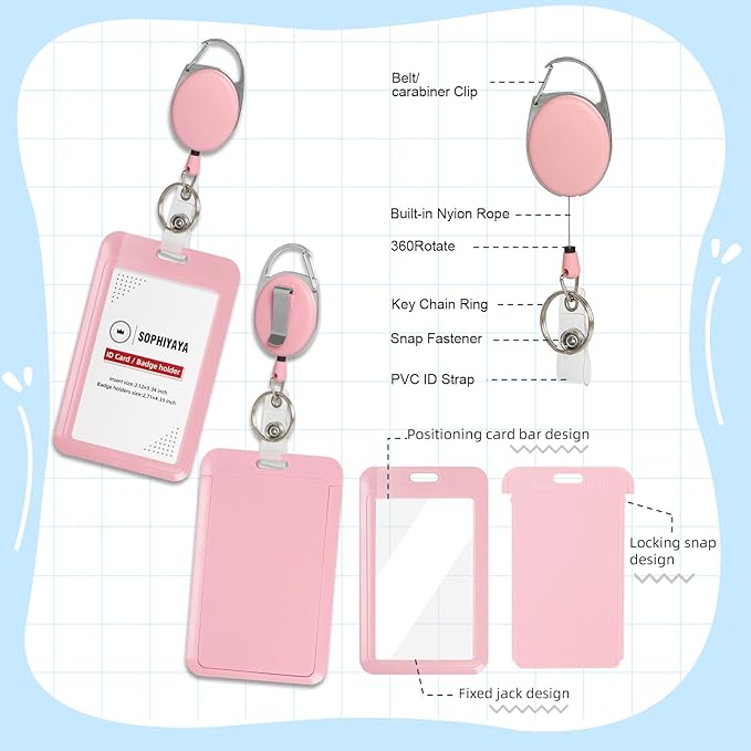 ID Badge Holder with Clip Badge Reels Ret retractable Heavy Duty Id Card with Carabiner Badge Reel with 24 inches Pull Cord for Office, School, Factory, Teacher (Pink, Vertical)