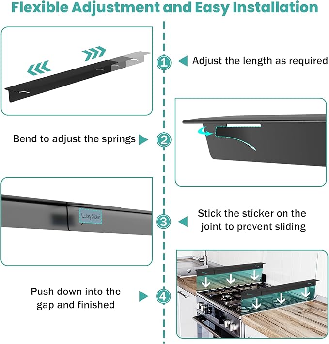 Stove Gap Covers 2PCS, Stove Gap Filler Stainless Steel,13.8'' to 27.5'' Adjustable Length,Range Trim Kit,Oven Stove Gap Guard Between Stovetop and Counter,Easy to Clean Heat Resistant, Black