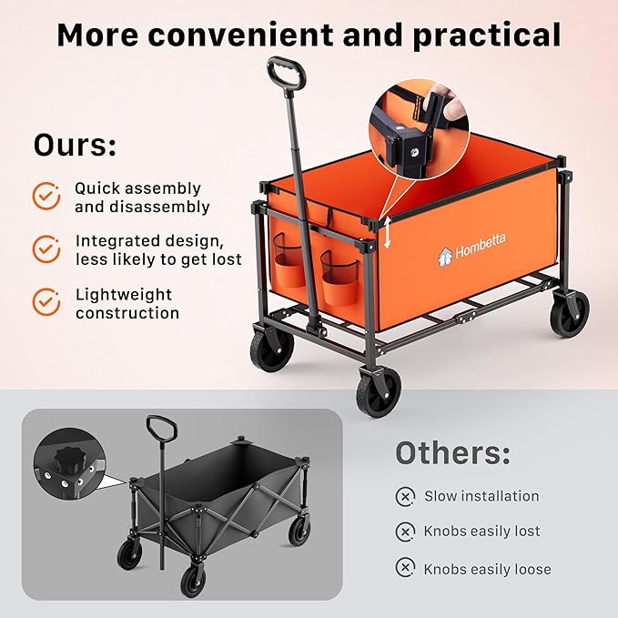 Collapsible Wagon Cart with Wheels, 150L Lightweight Foldable Utility Cart, Portable Rolling Wagon for Garden, Shopping, Sports, Camping, Transport, Orange