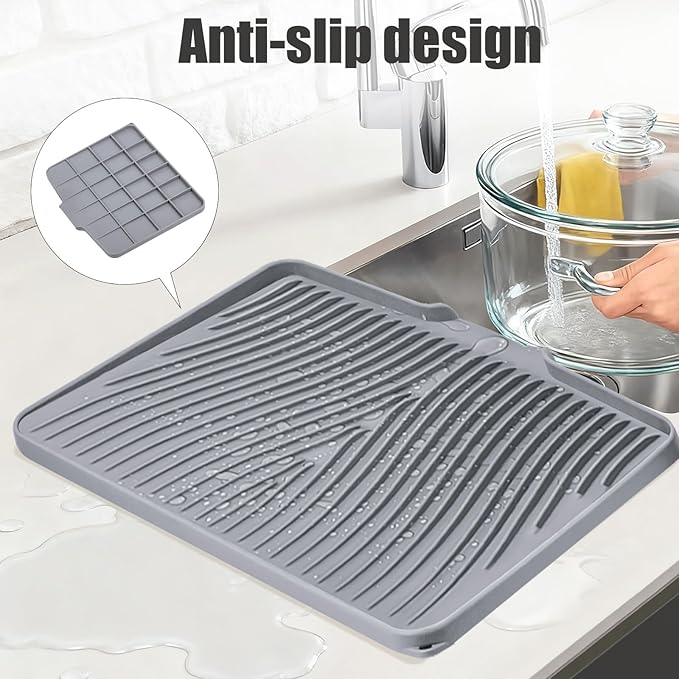 TIKNIK Silicone Dish Drying Mat, Stone Drying Mat for Kitchen Counter with Built-In Drain, Non-Slip Drain Pad with Built-in Drain, Heat Resistant Stone Drying Mat, 1Pcs 20" x 15", Grey