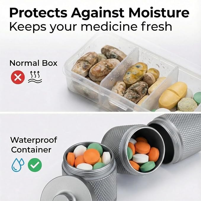 Waterproof Keychain Pill Holder - Compact, Portable, and Secure Pill Box with 3 Compartments - Pocket-Sized Pill Case and Container for Daily Medication on The Go, Sliver