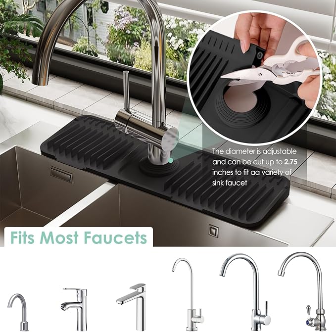 17.7 Inch Silicone Faucet Mat for Kitchen Sink Splash Guard - 7° Slope Water Draining Mat with Fasten Button for Bathroom Area (Black, 17.7''x5.5'')