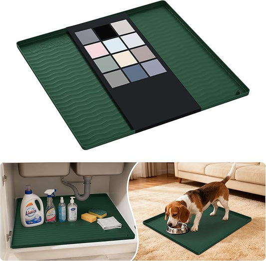 URMONA Waterproof Silicone Under Sink Mat 19'' x 19'' Shelf Liner for Kitchen and Bathroom, Cabinet and Counter Protector, Storage and Organizers, Litter Mat, Pet Cat Puppy Essentials(Green)
