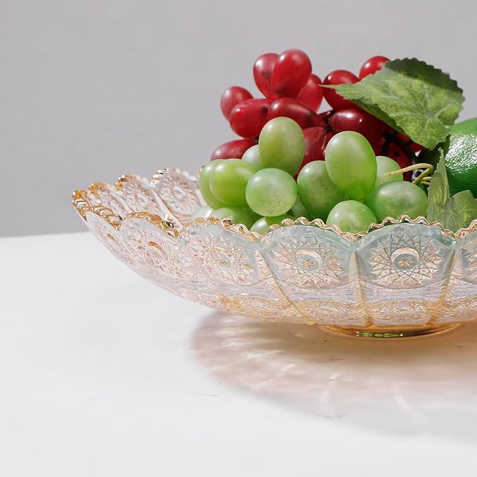 Unique Gold Flower-Shaped Crystal Glass Decorative Footed Bowl - 10.6 inch Diameter, Tabletop Fruit Plate, Dessert Plate, Cake Plate, Candy Tray, Wedding Home Decor.