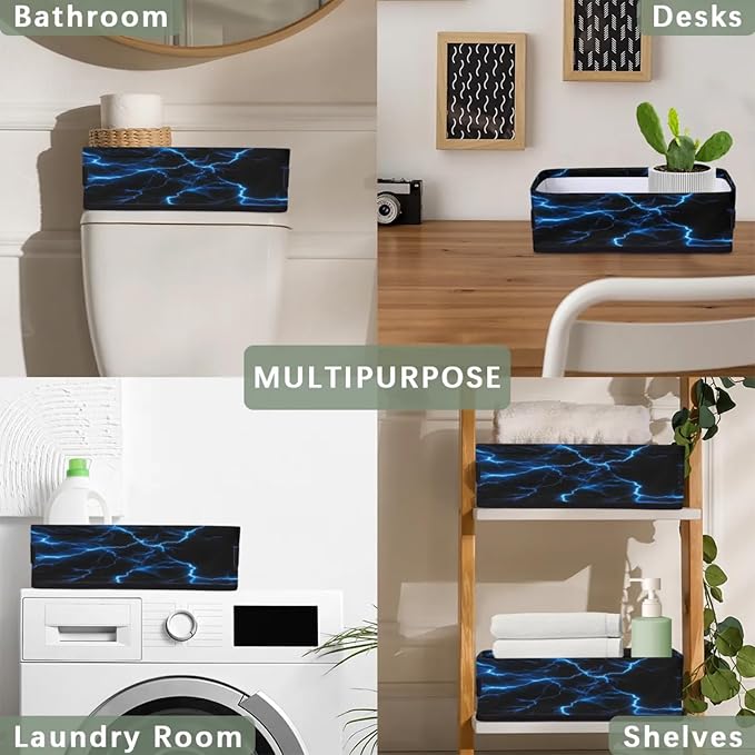 Blue Lightning Bolt Small Bathroom Baskets for Toilet,Foldable Toilet Paper Tank Basket Organizer for Towels Storage Decorative Open Storage Bins for Home,Closet,Containers,Cabinet