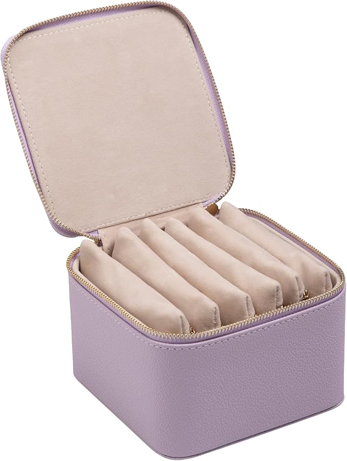 Frebeauty Small Travel Jewelry Box,Travel Jewelry Case with 6 Pouch Bags,Portable Travel Jewelry Organizer,Mini Jewelry Storage,3.35 x 4.9 x 4.8 Inches,Gift Idea for Women Girls (Purple)
