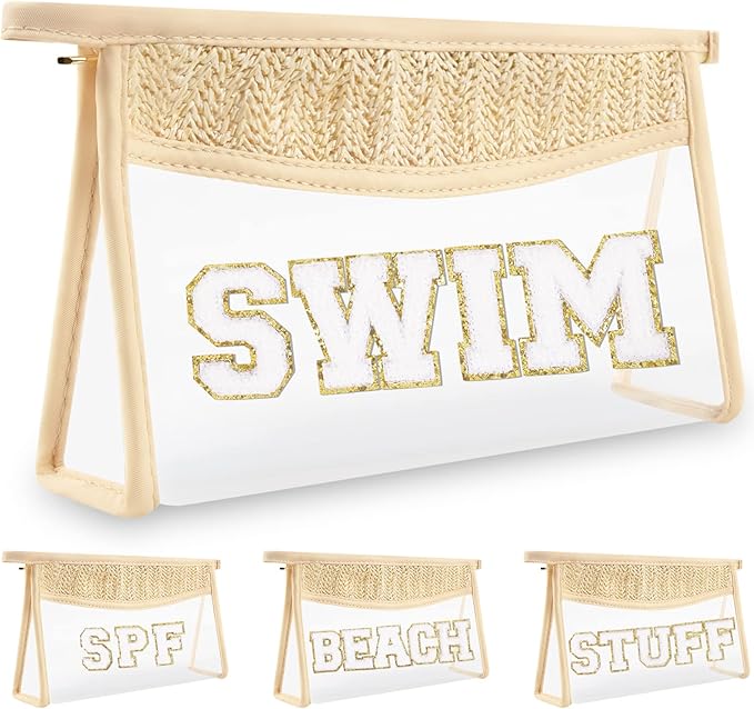 Clear Makeup Letter Patch Makeup Bag SWIM Pouch, Boho Clear Toiletry Bags Travel Small Cute Preppy Letter Cosmetic Zipper Pouch Purse, Transparent Waterproof Glitter Beach Makeup Bag for Women (SWIM)