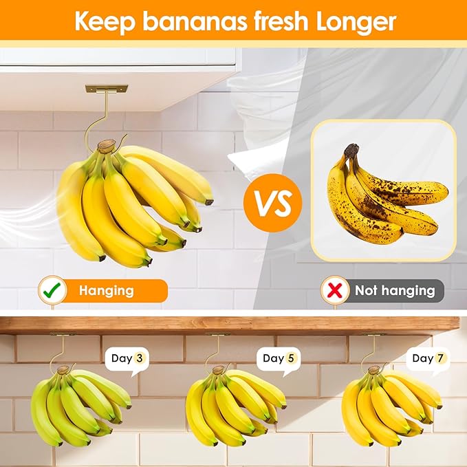 Self Adhesive Banana Hook Under Cabinet Foldable Banana Hanger Metal Under Counter Banana Hook to Keep Bananas Fresh Banana Holder for Kitchen RV Space Saving, Golden