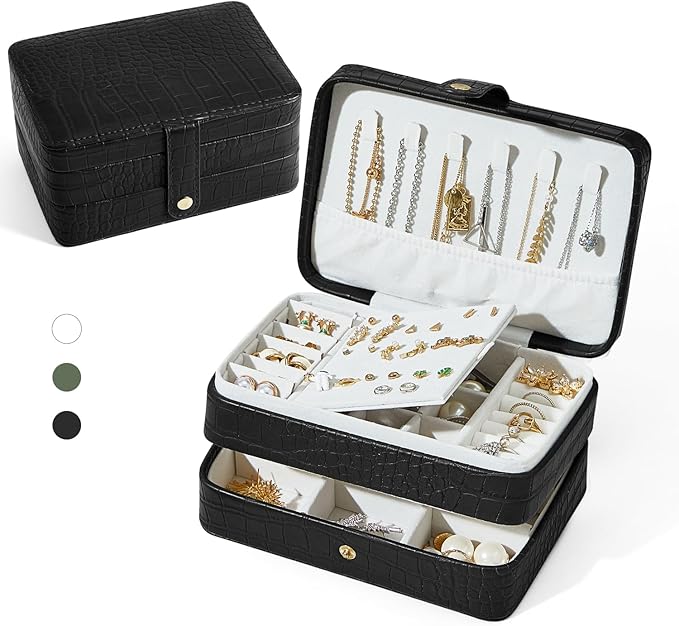 Travel Jewelry Case, Portable Jewelry Organizer Box with 3 Layers PU Leather Storage for Earrings, Necklaces, Rings, Bracelets, Compact Jewelry Gift for Women, Christmas Gifts (Black)