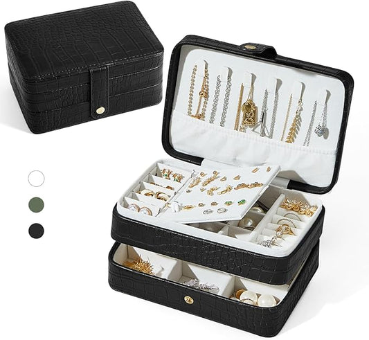 Travel Jewelry Case, Portable Jewelry Organizer Box with 3 Layers PU Leather Storage for Earrings, Necklaces, Rings, Bracelets, Compact Jewelry Gift for Women, Christmas Gifts (Black)