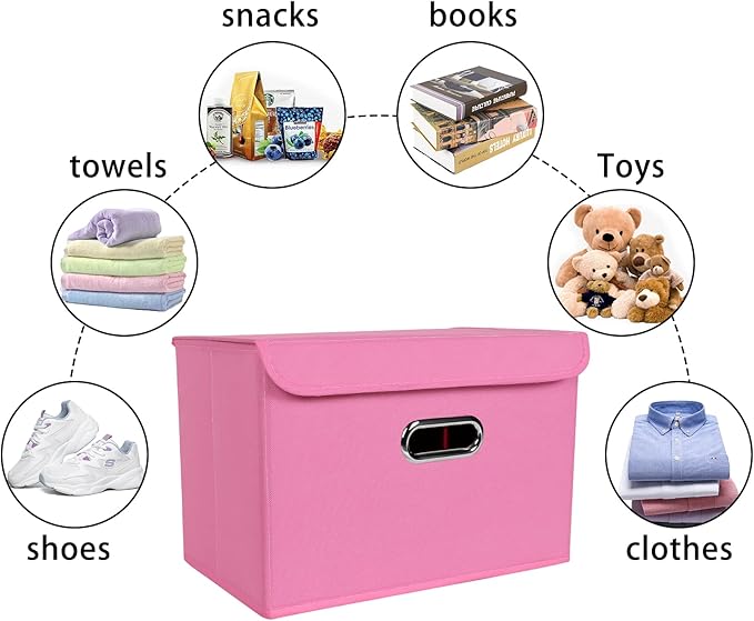 Linen Fabric Foldable Collapsible Storage Cube Bin Organizer Basket Fabric Storage Bins with Lid, Leather Handles, Removable Divider for Home, Closet, Pink 3Pcs