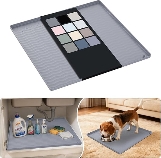 URMONA Waterproof Silicone Under Sink Mat 19'' x 19'' Shelf Liner for Kitchen and Bathroom, Cabinet and Counter Protector, Storage and Organizers, Litter Mat, Pet Cat Puppy Essentials(Light Grey)