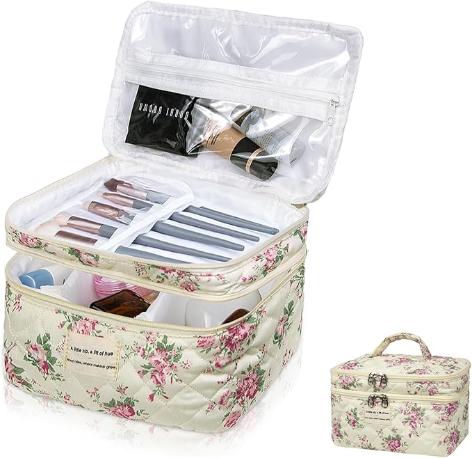 Large Quilted Makeup Bag, Large Floral Cosmetic Bag for Women, Cute Cotton Makeup Bags, Flower Travel Toiletry Organizer Bag (Pink Flowers)